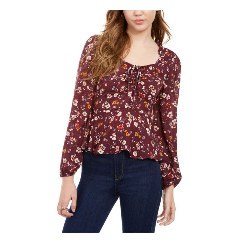 ASH & VIOLET Womens Burgundy Floral Long Sleeve Scoop Neck Top XS